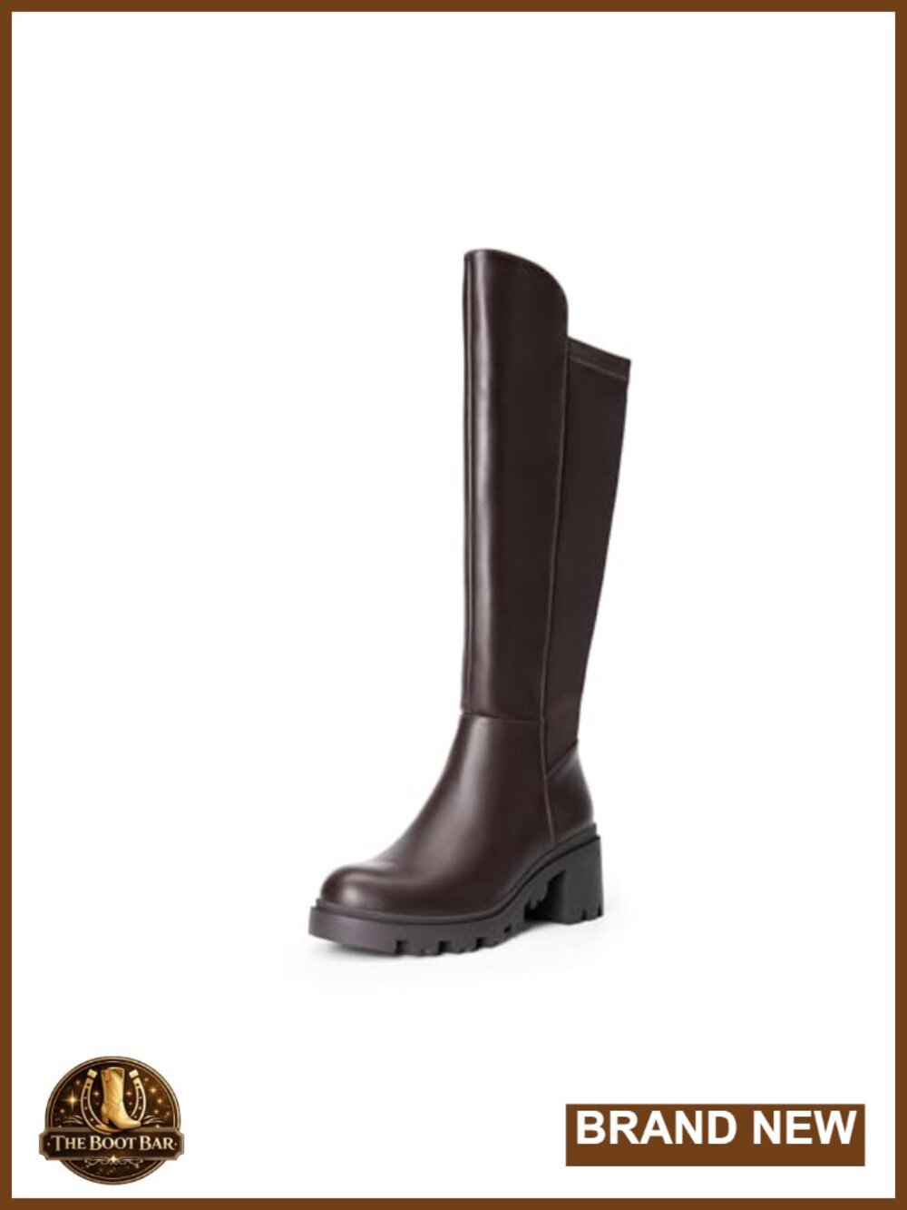 Women Round Toe Knee High Boots Chunky Block Heel Faux Leather